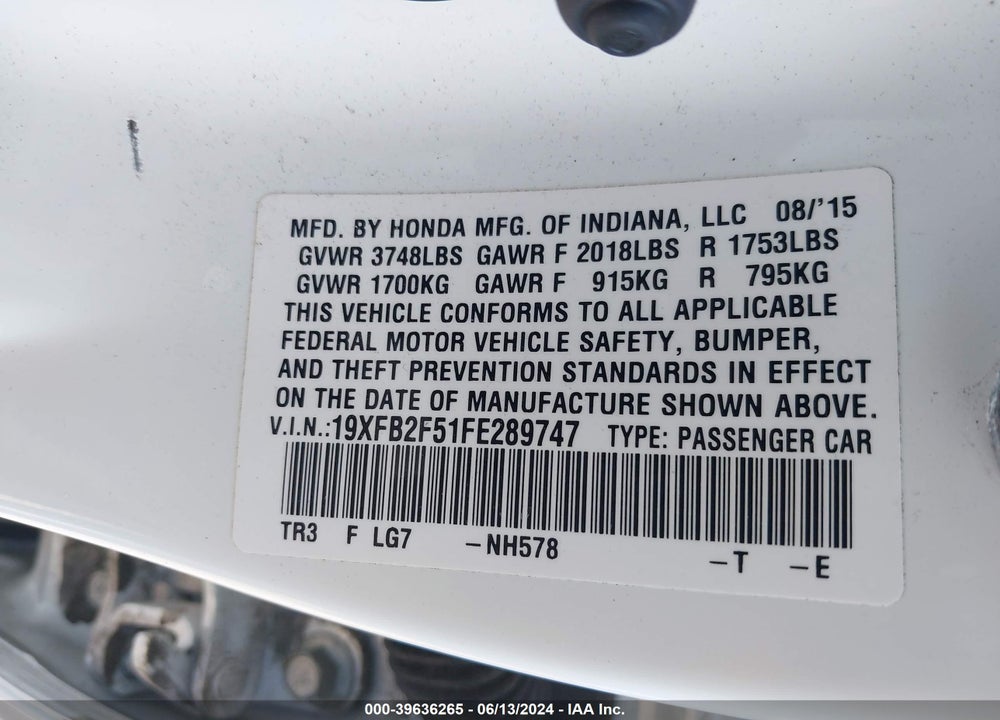 2015 HONDA CIVIC LX VIN: 19XFB2F51FE289747