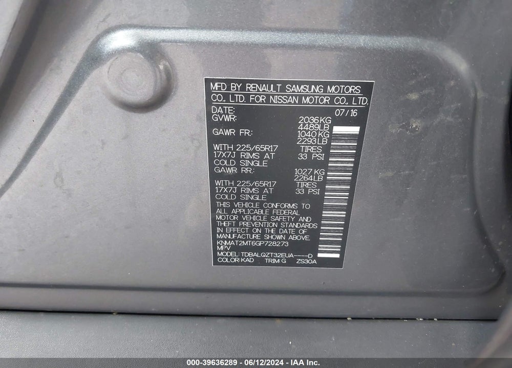 2016 NISSAN ROGUE SV VIN: KNMAT2MT6GP728273