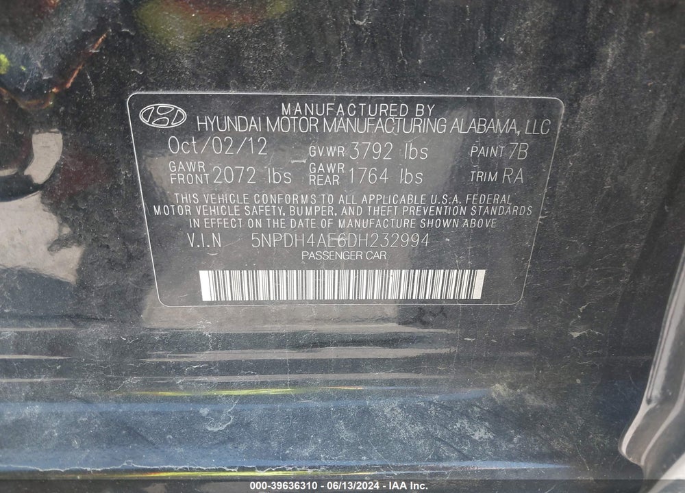2013 HYUNDAI ELANTRA GLS VIN: 5NPDH4AE6DH232994