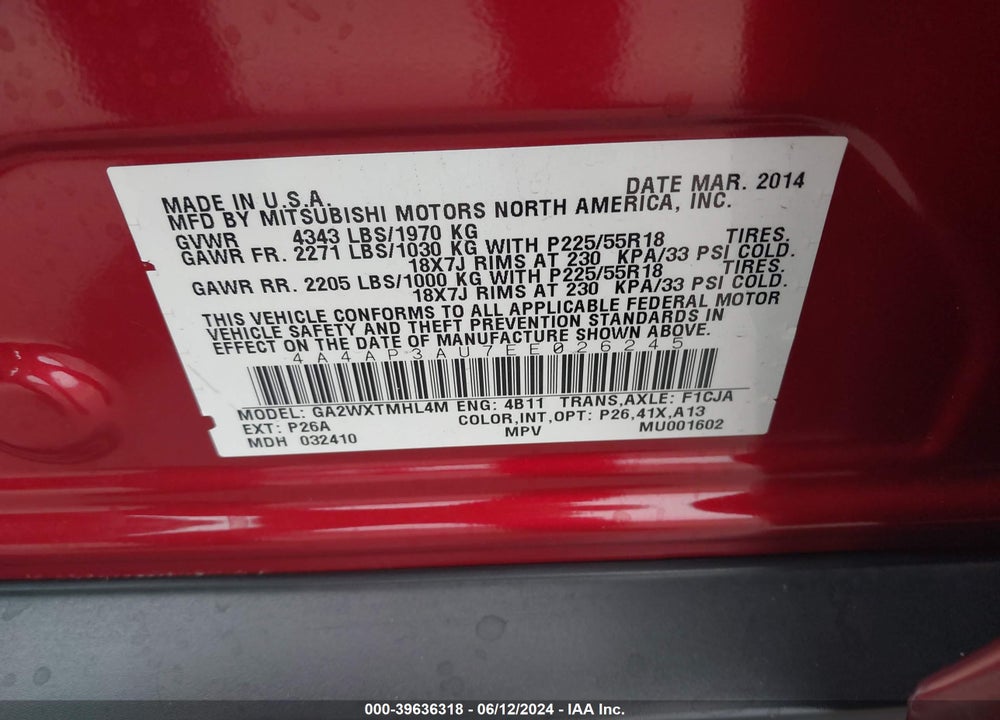 2014 MITSUBISHI OUTLANDER SPORT ES VIN: 4A4AP3AU7EE026245