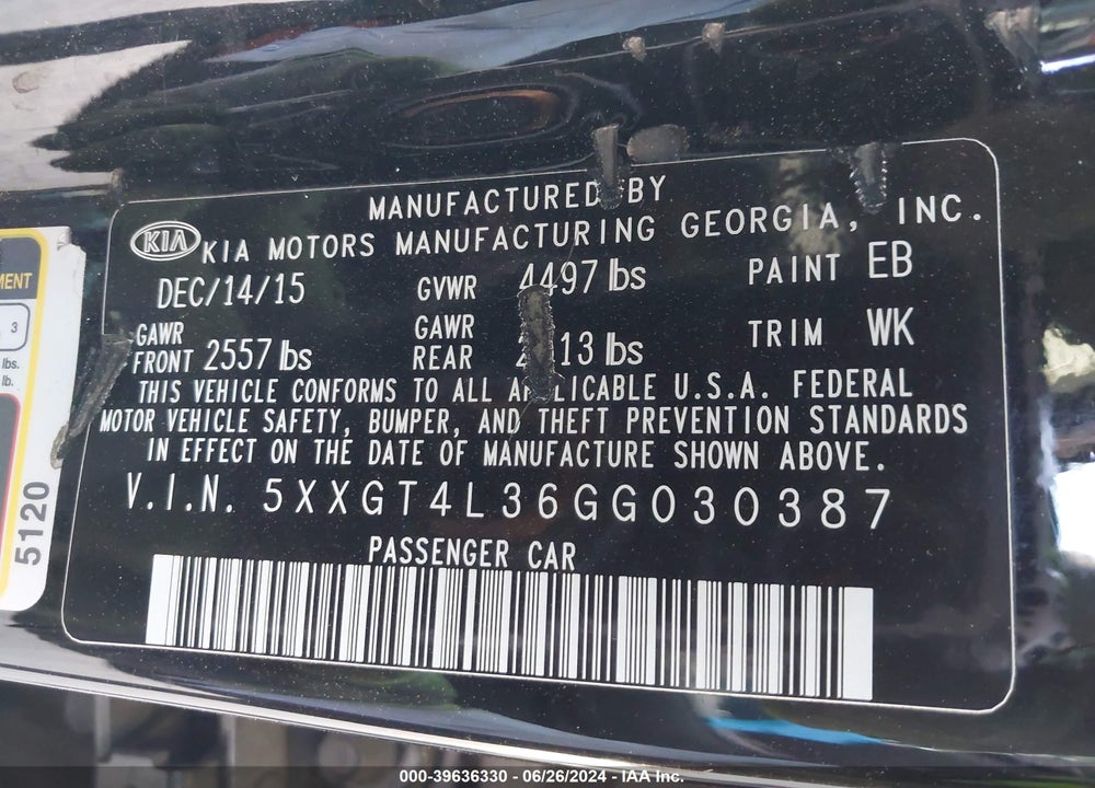 2016 KIA OPTIMA LX VIN: 5XXGT4L36GG030387