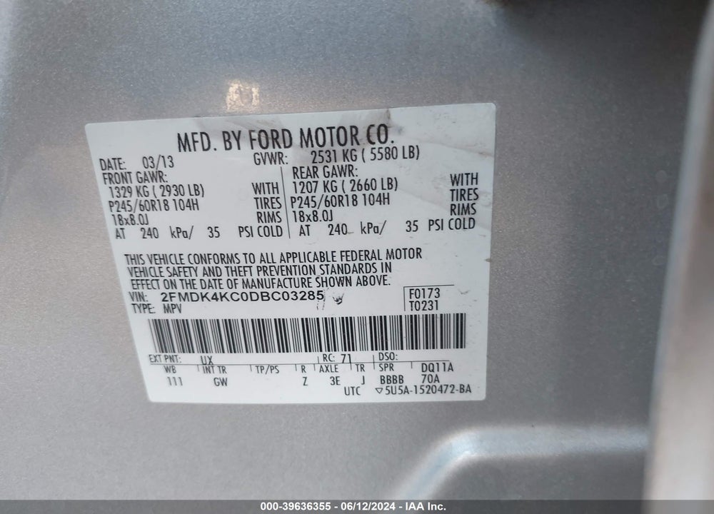 2013 FORD EDGE LIMITED VIN: 2FMDK4KC0DBC03285