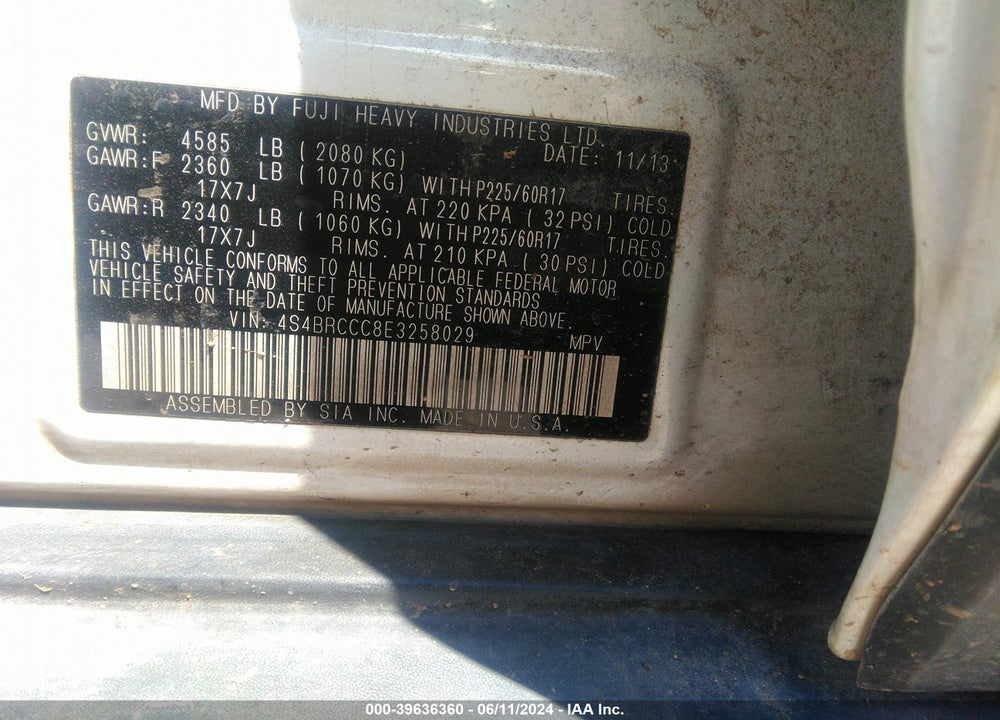 2014 SUBARU OUTBACK 2.5I PREMIUM VIN: 4S4BRCCC8E3258029