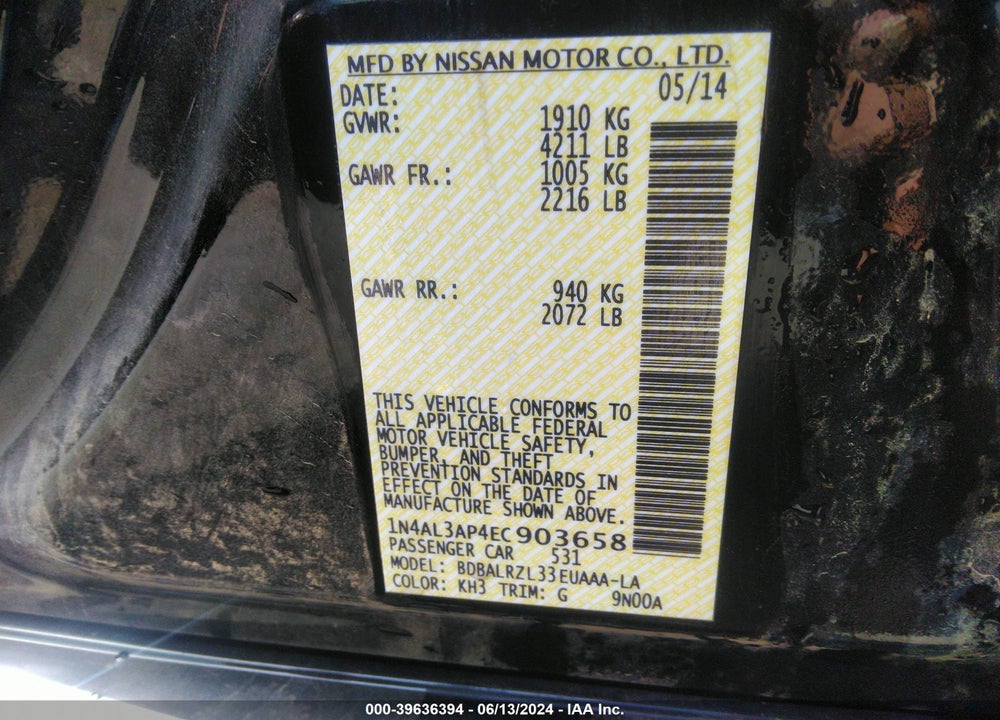 2014 NISSAN ALTIMA 2.5 S VIN: 1N4AL3AP4EC903658