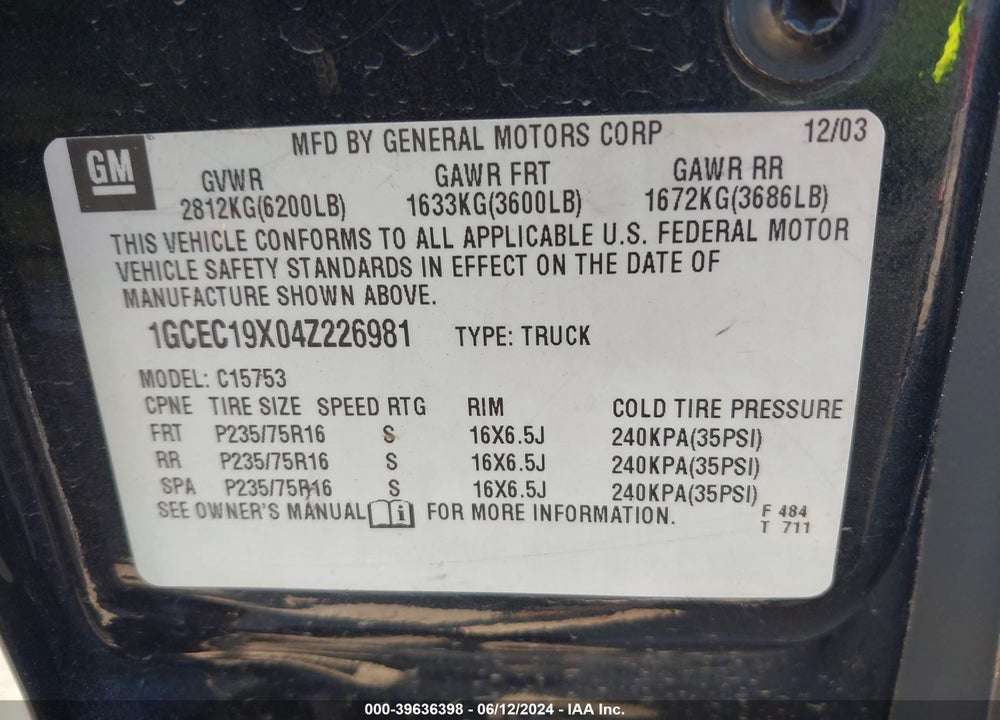 2004 CHEVROLET SILVERADO 1500 WORK TRUCK VIN: 1GCEC19X04Z226981