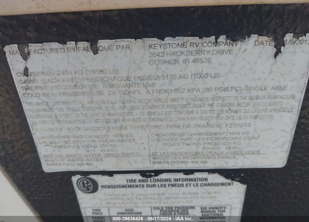 2013 KEYSTONE RV OTHER VIN: 4YDF31023DF811056