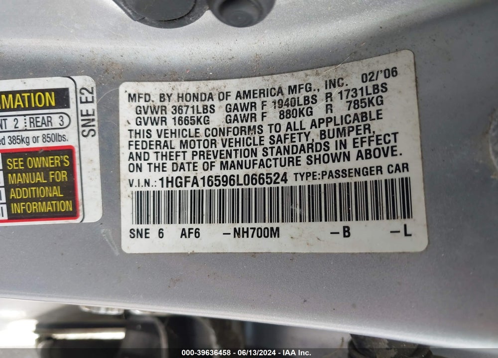 2006 HONDA CIVIC LX VIN: 1HGFA16596L066524