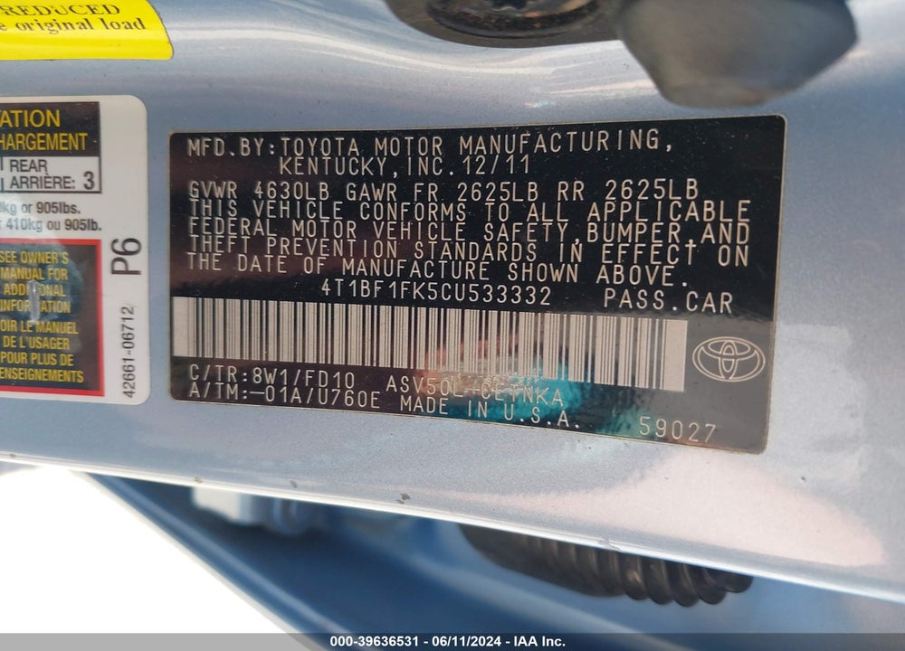 2012 TOYOTA CAMRY LE VIN: 4T1BF1FK5CU533332