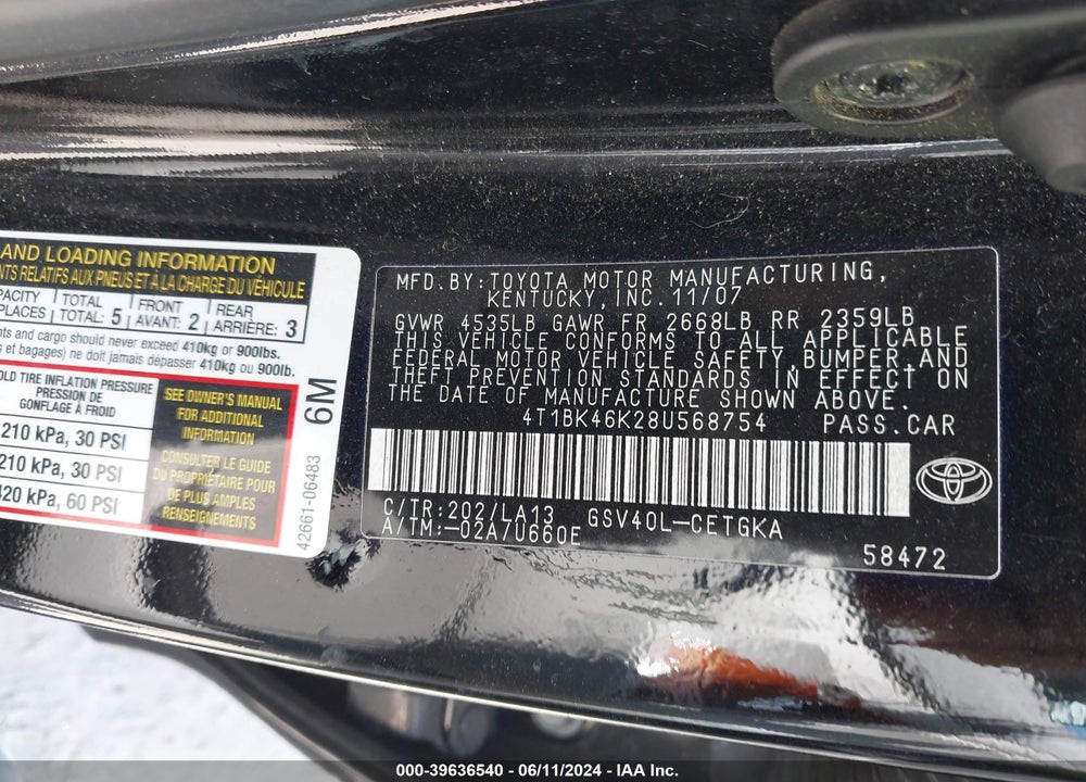 2008 TOYOTA CAMRY VIN: 4T1BK46K28U568754