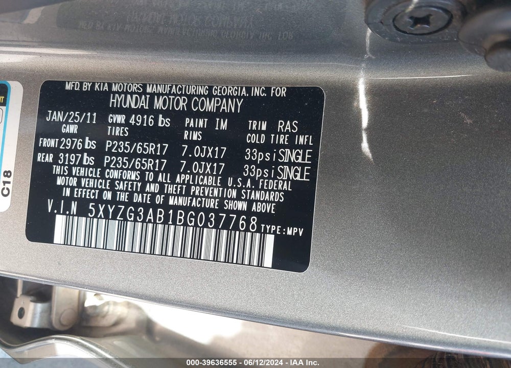 2011 HYUNDAI SANTA FE GLS VIN: 5XYZG3AB1BG037768