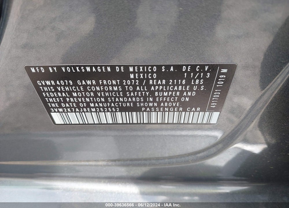 2014 VOLKSWAGEN JETTA 2.0L S VIN: 3VW2K7AJ8EM252552