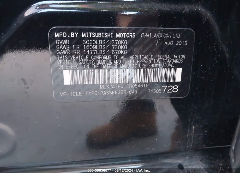 2015 MITSUBISHI MIRAGE VIN: ML32A3HJ1FH054618