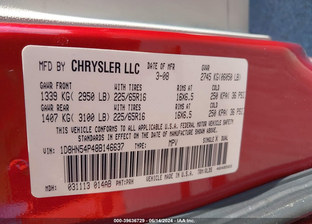 2008 DODGE GRAND CARAVAN SXT VIN: 1D8HN54P48B146637