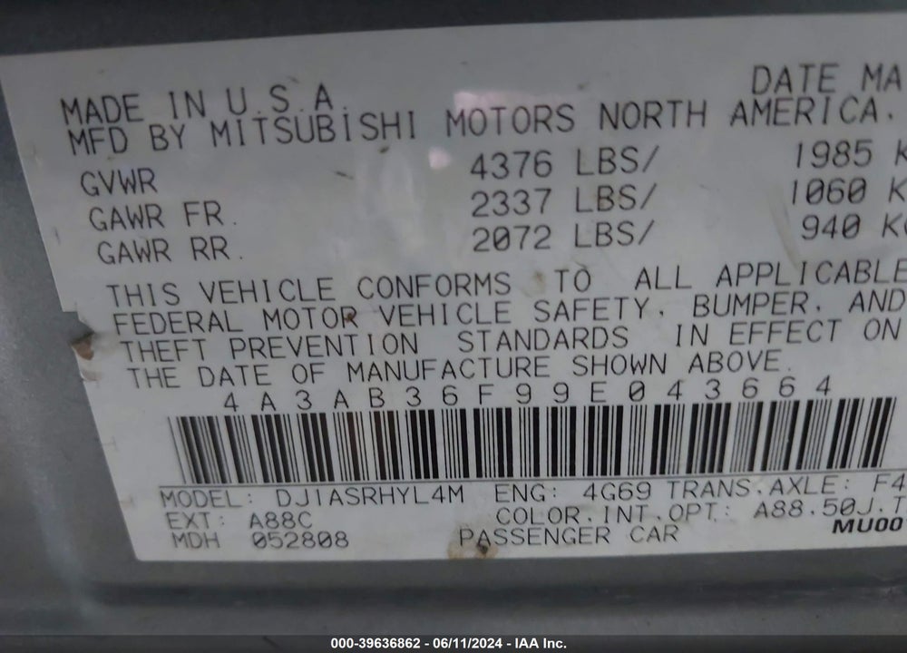 2009 MITSUBISHI GALANT ES/SPORT EDITION VIN: 4A3AB36F99E043664