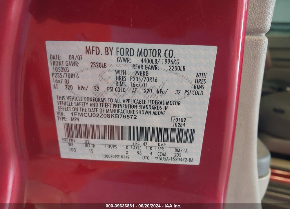 2008 FORD ESCAPE XLS/XLS MANUAL VIN: 1FMCU02Z08KB76572