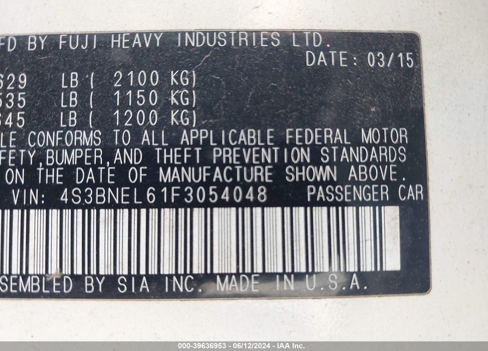 2015 SUBARU LEGACY 3.6R LIMITED VIN: 4S3BNEL61F3054048