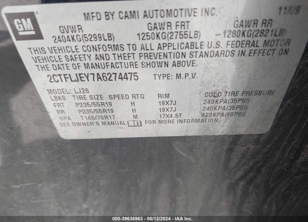 2010 GMC TERRAIN SLT-2 VIN: 2CTFLJEY7A6274475