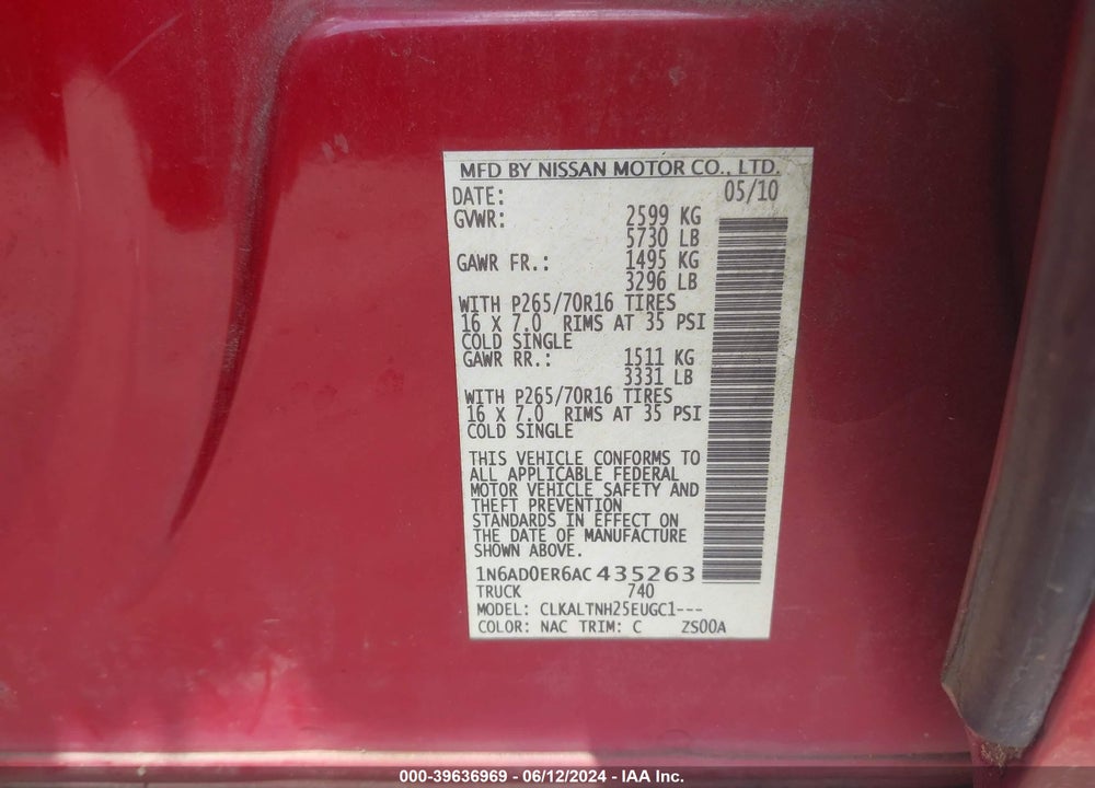2010 NISSAN FRONTIER SE VIN: 1N6AD0ER6AC435263