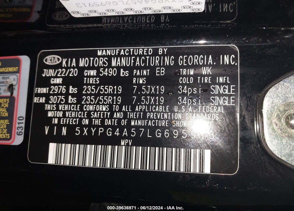 2020 KIA SORENTO 3.3L S VIN: 5XYPG4A57LG695913