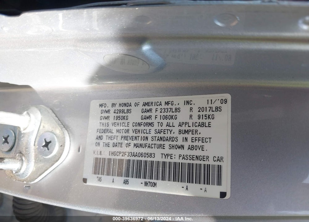2010 HONDA ACCORD 2.4 LX VIN: 1HGCP2F33AA060583