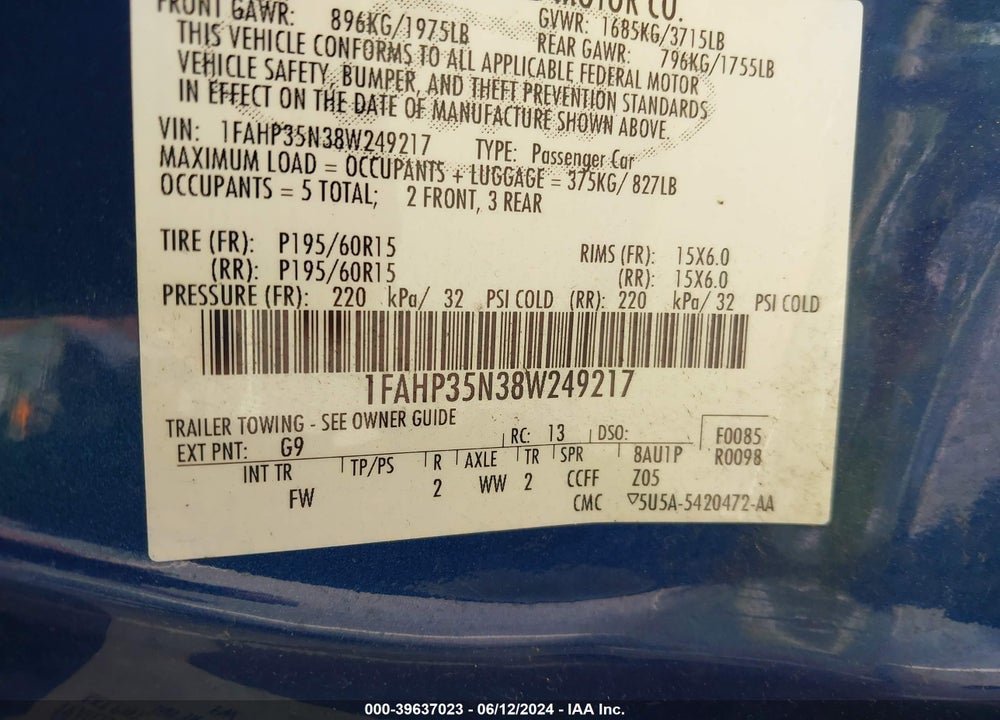 2008 FORD FOCUS SE/SES VIN: 1FAHP35N38W249217