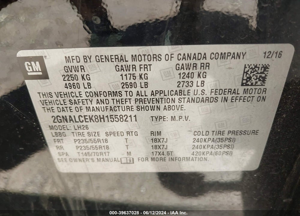 2017 CHEVROLET EQUINOX LT VIN: 2GNALCEK8H1558211
