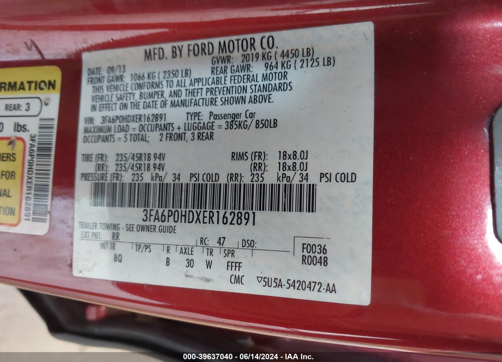 2014 FORD FUSION SE VIN: 3FA6P0HDXER162891