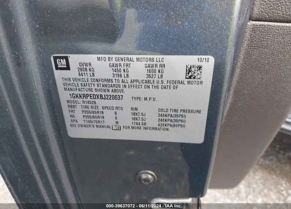 2011 GMC ACADIA SLE VIN: 1GKKRPEDXBJ220637