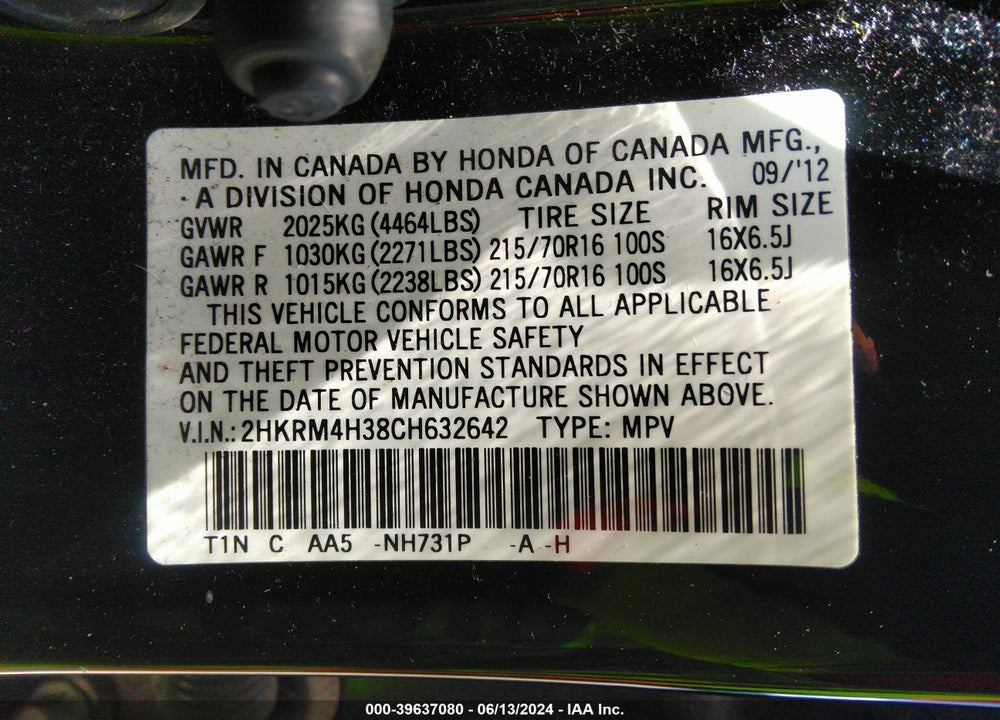 2012 HONDA CR-V LX VIN: 2HKRM4H38CH632642