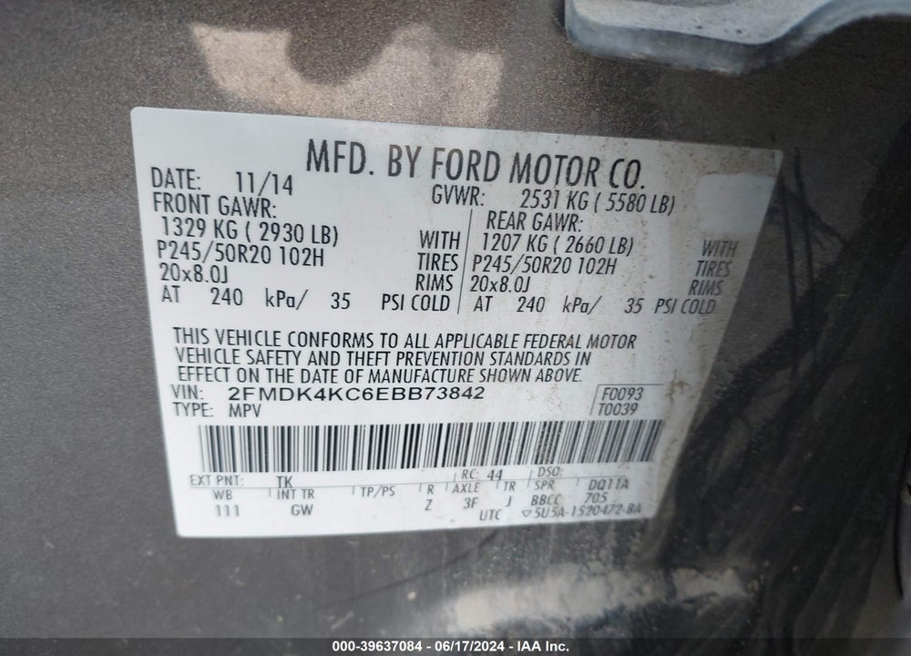 2014 FORD EDGE LIMITED VIN: 2FMDK4KC6EBB73842