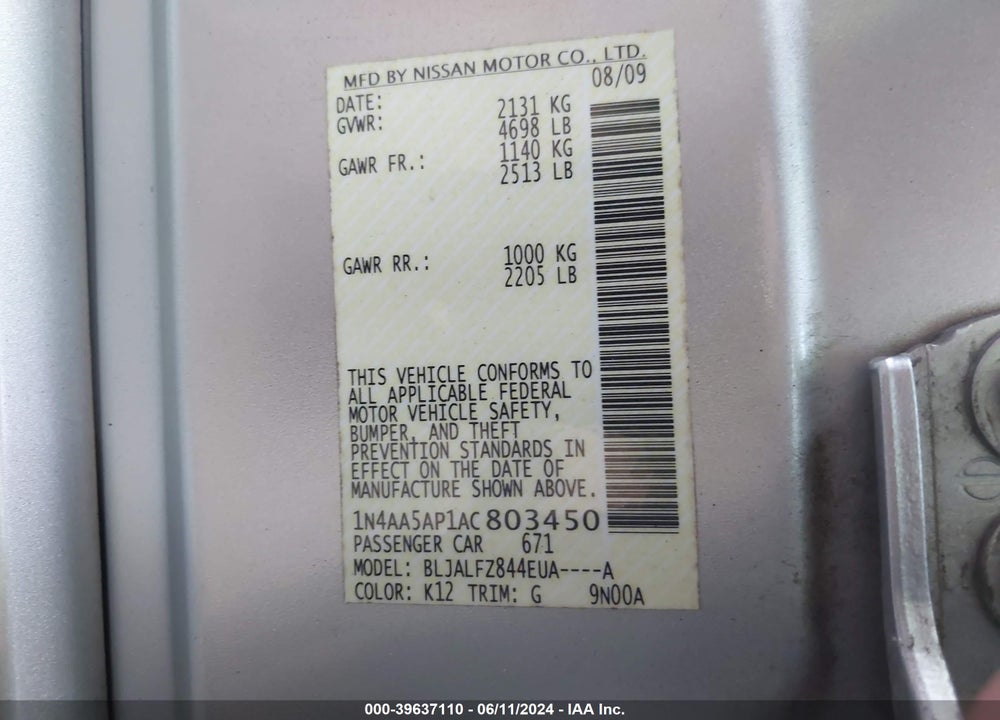 2010 NISSAN MAXIMA 3.5 SV VIN: 1N4AA5AP1AC803450