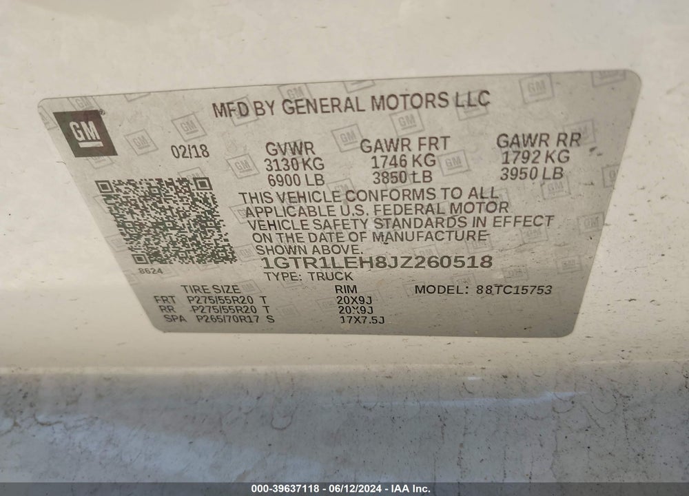 2018 GMC SIERRA 1500 VIN: 1GTR1LEH8JZ260518