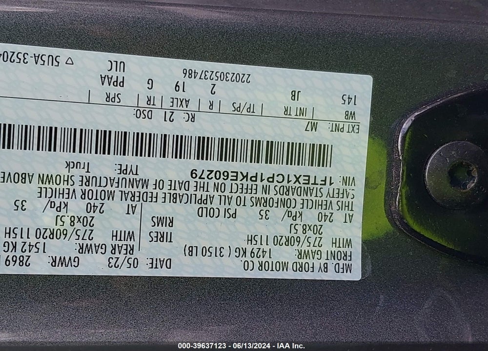 2023 FORD F-150 XL VIN: 1FTEX1CP1PKE60279