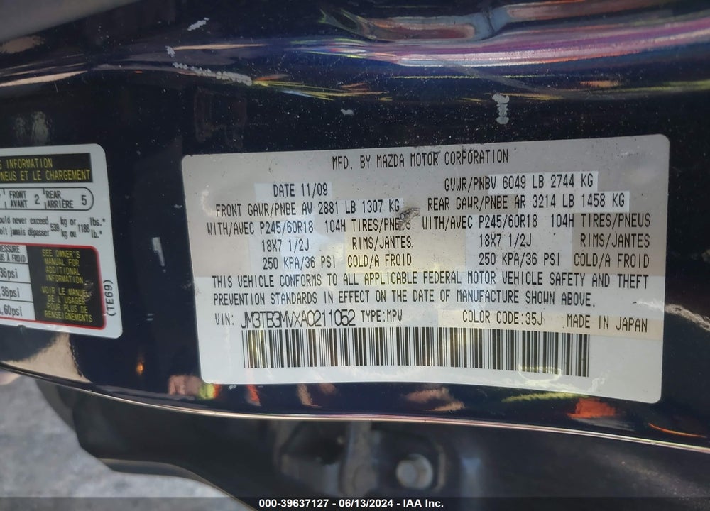 2010 MAZDA CX-9 SPORT VIN: JM3TB3MVXA0211052