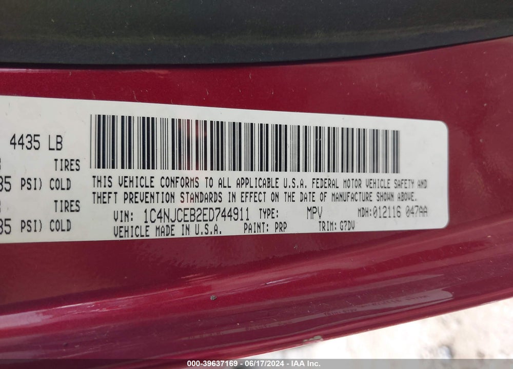 2014 JEEP COMPASS VIN: 1C4NJCEB2ED744911