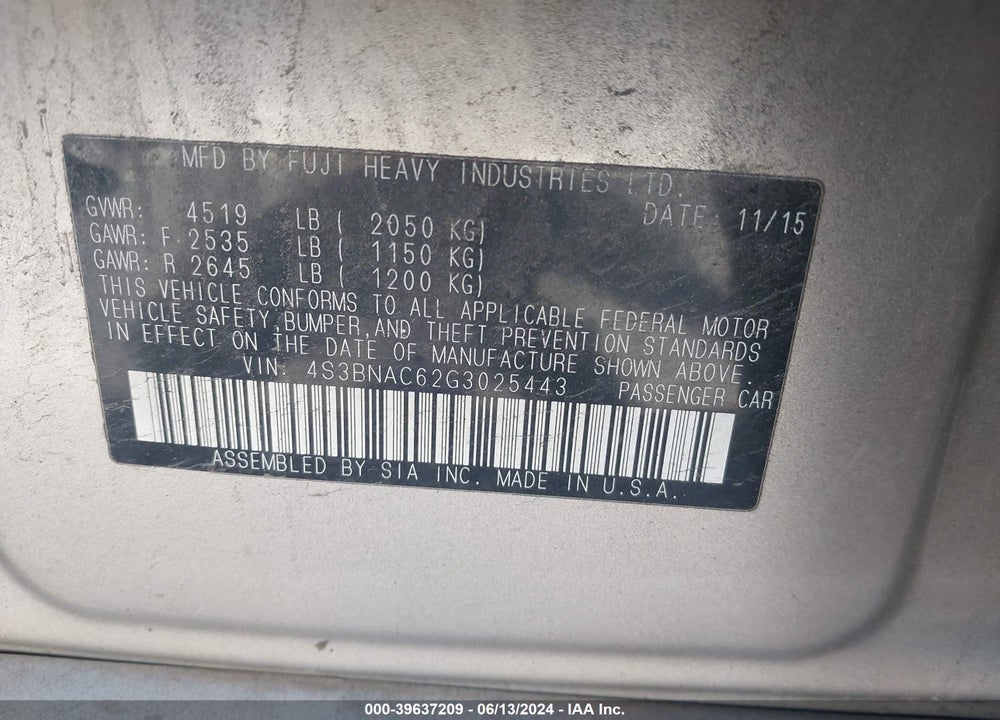 2016 SUBARU LEGACY 2.5I PREMIUM VIN: 4S3BNAC62G3025443