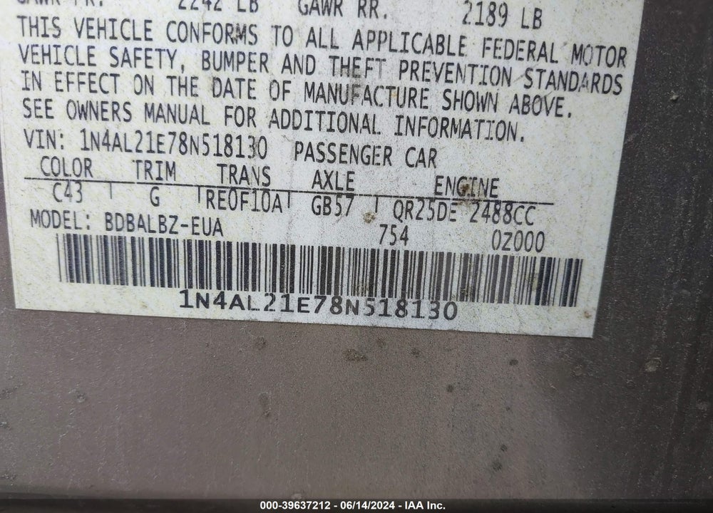 2008 NISSAN ALTIMA 2.5 S VIN: 1N4AL21E78N518130