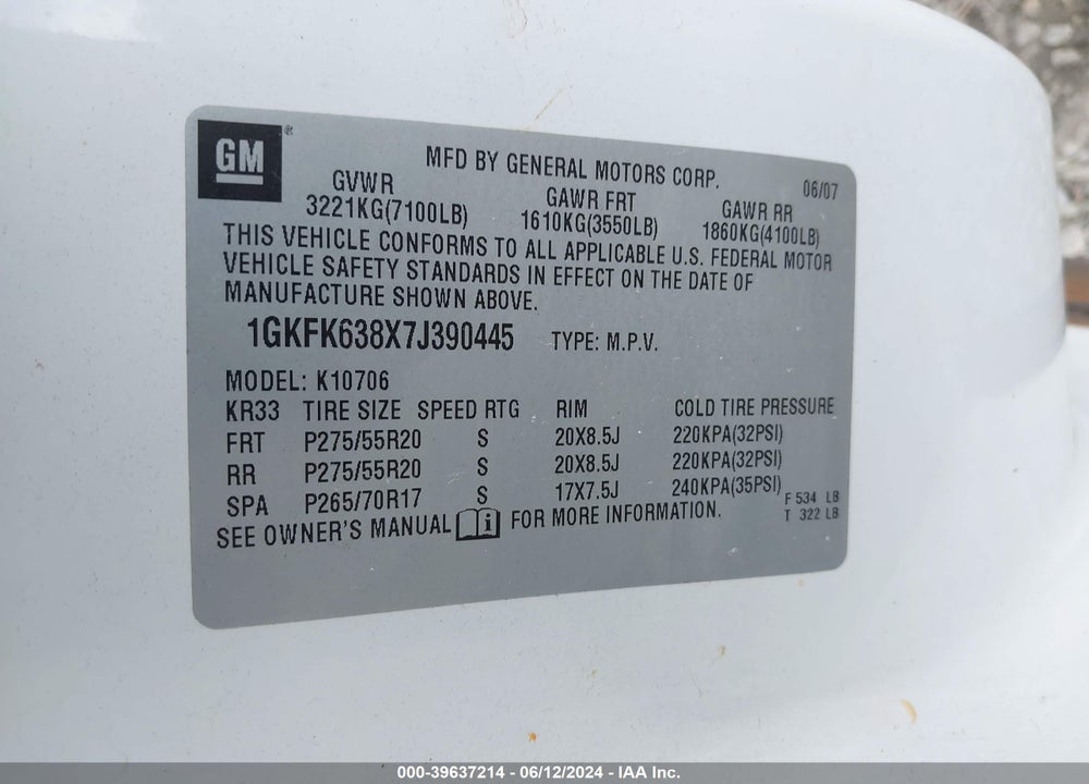 2007 GMC YUKON DENALI VIN: 1GKFK638X7J390445
