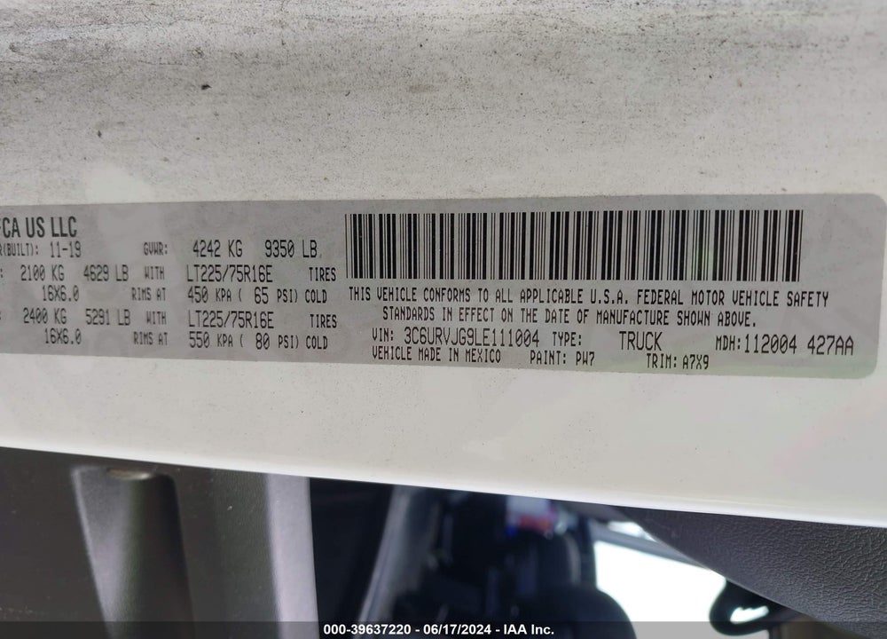 2020 RAM PROMASTER 3500 CARGO VAN HIGH ROOF 159 WB EXT VIN: 3C6URVJG9LE111004