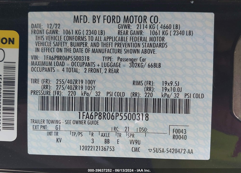 2023 FORD MUSTANG MACH 1 FASTBACK VIN: 1FA6P8R06P5500318