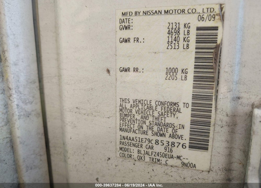 2009 NISSAN MAXIMA 3.5 SV VIN: 1N4AA51E79C853876