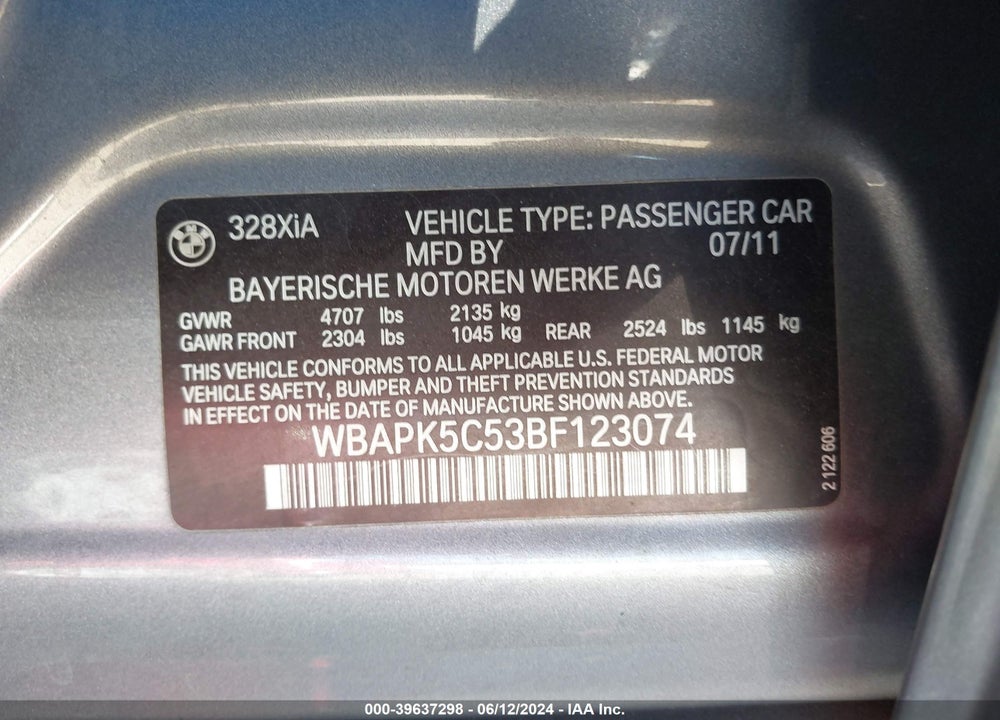 2011 BMW 328I VIN: WBAPK5C53BF123074