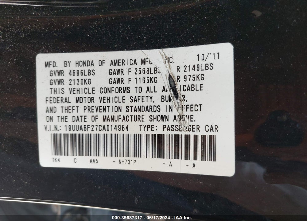 2012 ACURA TL 3.5 VIN: 19UUA8F27CA014984