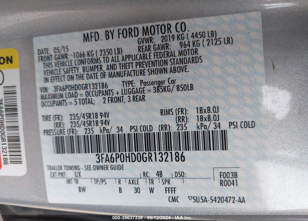 2016 FORD FUSION SE VIN: 3FA6P0HD0GR132186