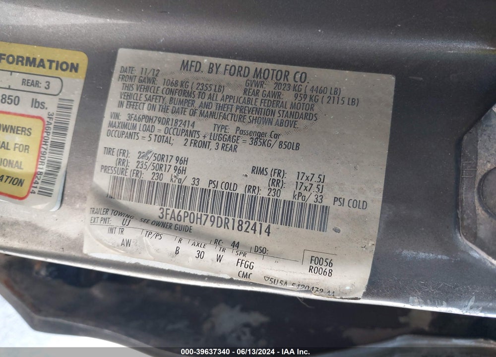 2013 FORD FUSION SE VIN: 3FA6P0H79DR182414