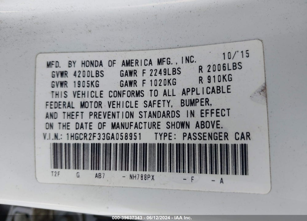2016 HONDA ACCORD LX VIN: 1HGCR2F33GA058951