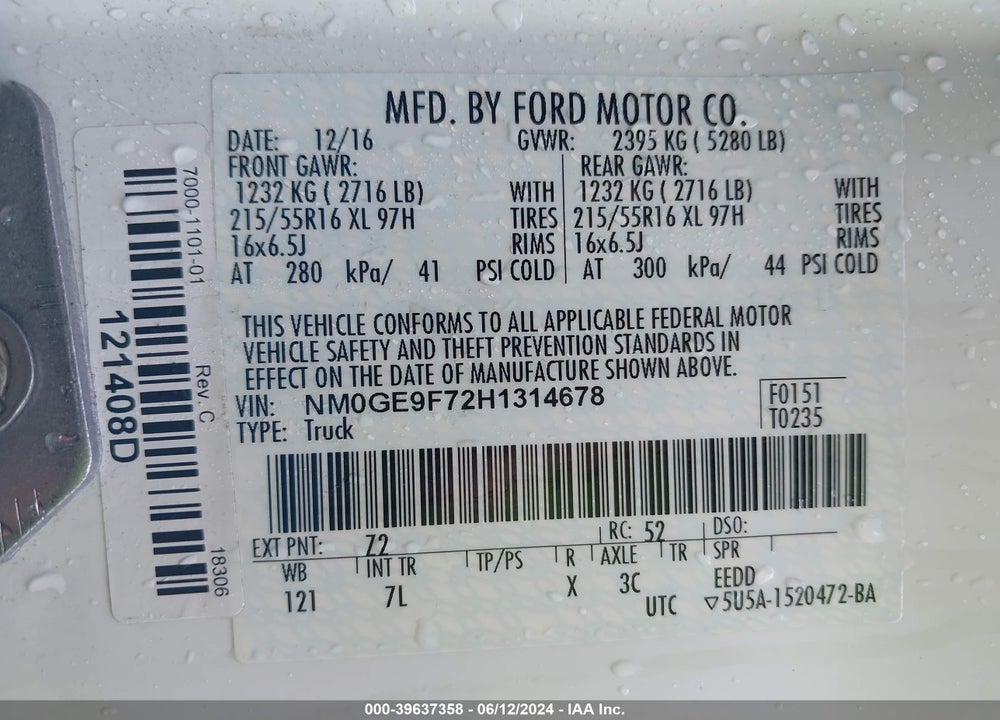 2017 FORD TRANSIT CONNECT XLT VIN: NM0GE9F72H1314678
