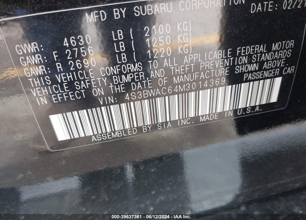 2021 SUBARU LEGACY PREMIUM VIN: 4S3BWAC64M3014369
