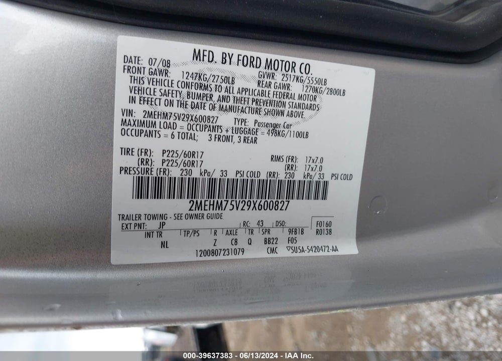 2009 MERCURY GRAND MARQUIS VIN: 2MEHM75V29X600827