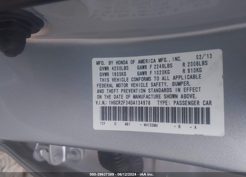2013 HONDA ACCORD LX VIN: 1HGCR2F34DA134978